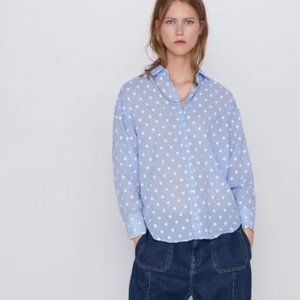 ZARA Light Blue EMBROIDERED POLKA DOT SHIRT Long Sleeve Sz M